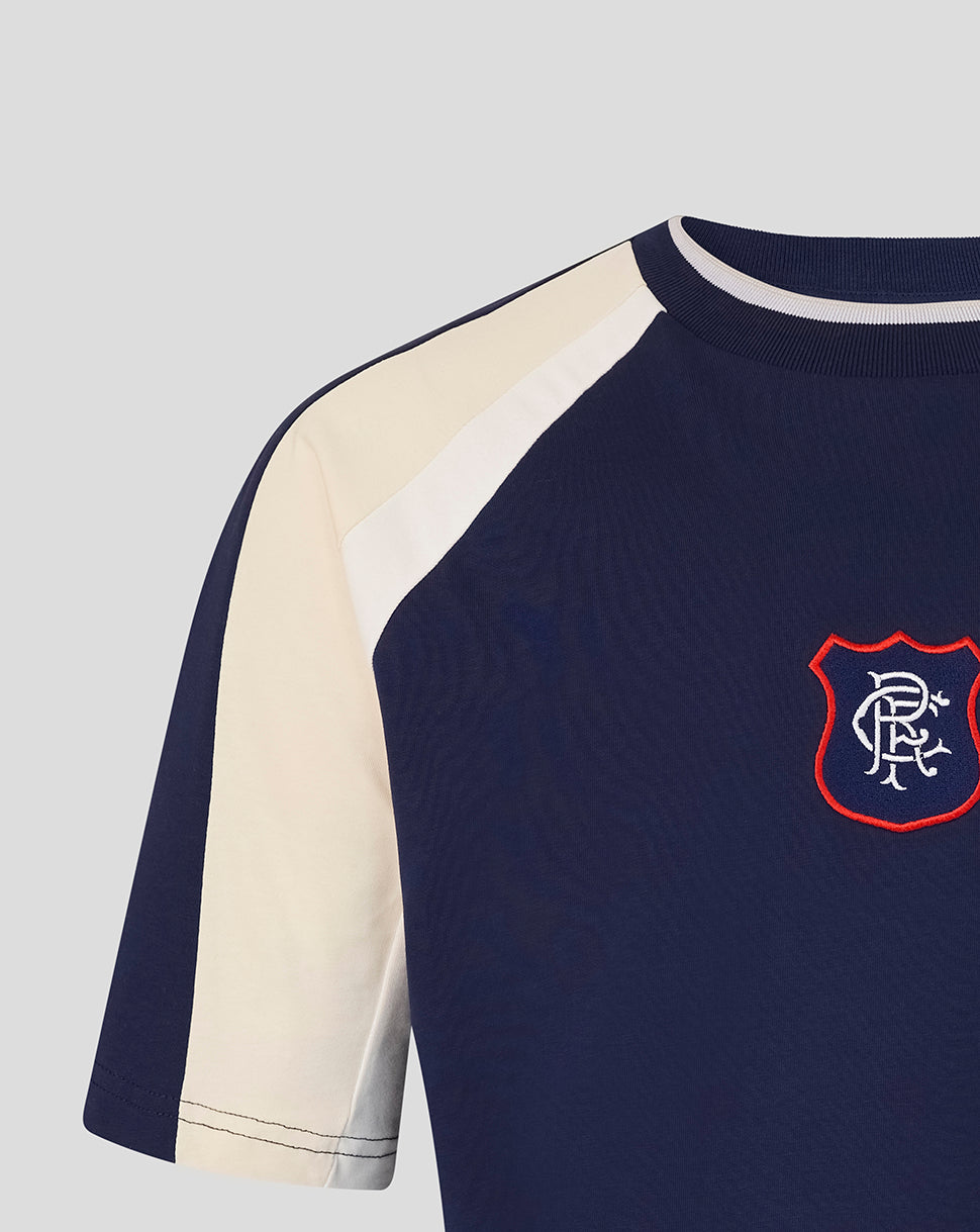 Shoulder close up of navy Rangers 90s panelled T shirt showing cream shoulder panel