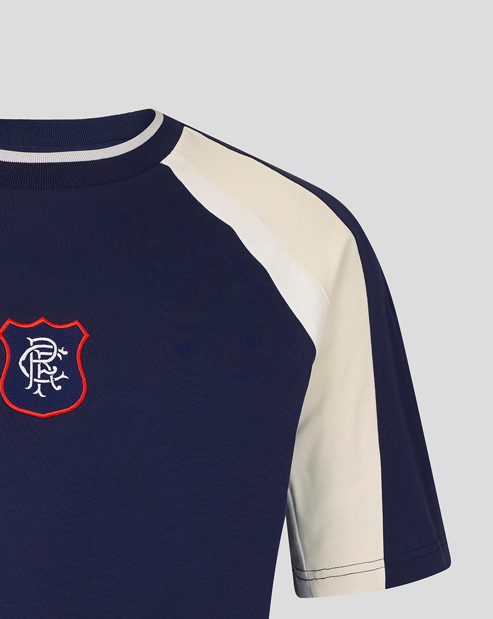 Front view of navy Rangers 90s panelled T shirt with cream shoulder panel and red outlined crest on chest