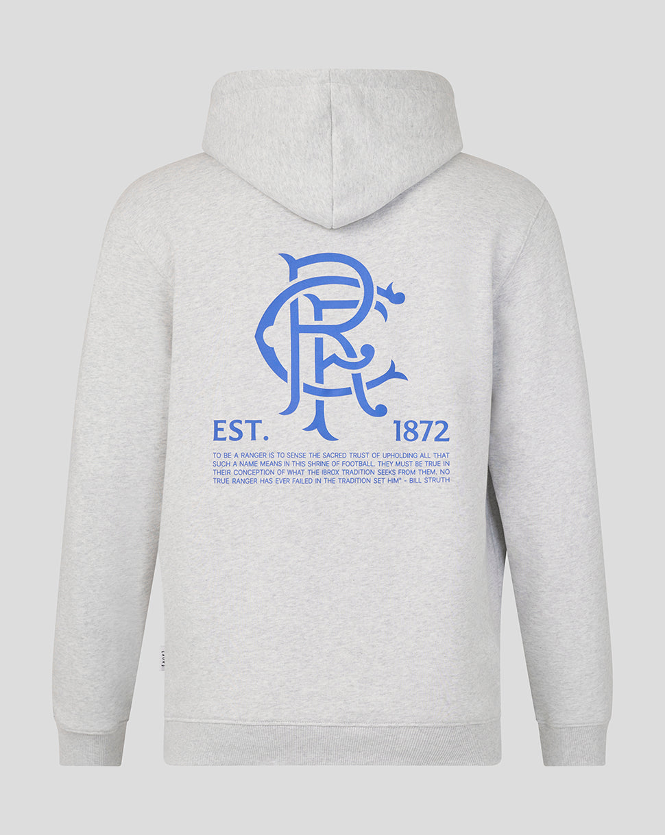 Back view of a light grey Rangers Art of Football hoodie with a large blue crest on the back.