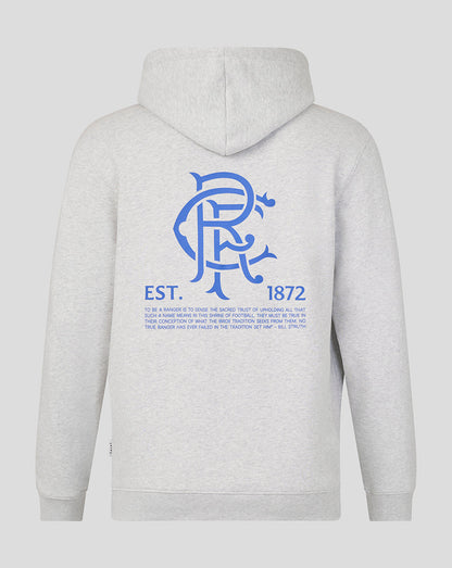 Back view of a light grey Rangers Art of Football hoodie with a large blue crest on the back.