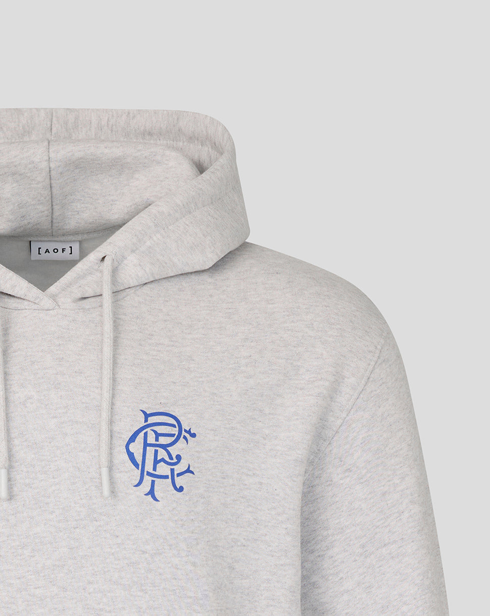 Close-up of the grey Rangers Art of Football hoodie showing a blue crest on the left chest.