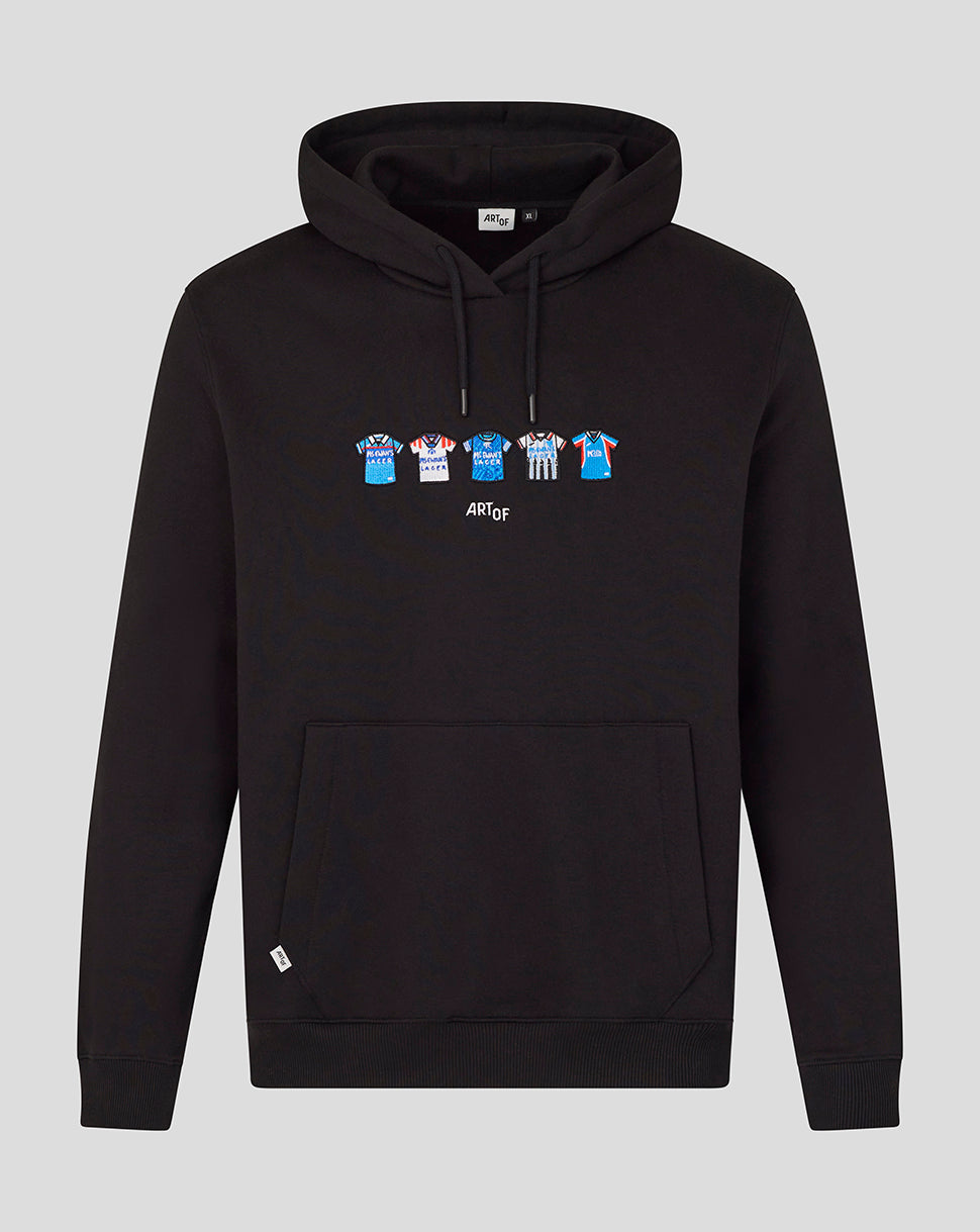 Black unisex hoodie with a row of colorful miniature football jerseys across the chest and ART OF logo beneath