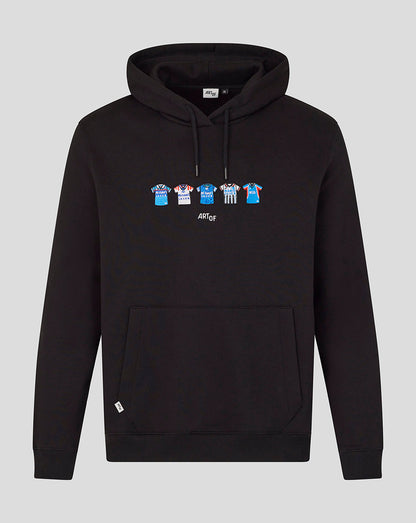 Black unisex hoodie with a row of colorful miniature football jerseys across the chest and ART OF logo beneath