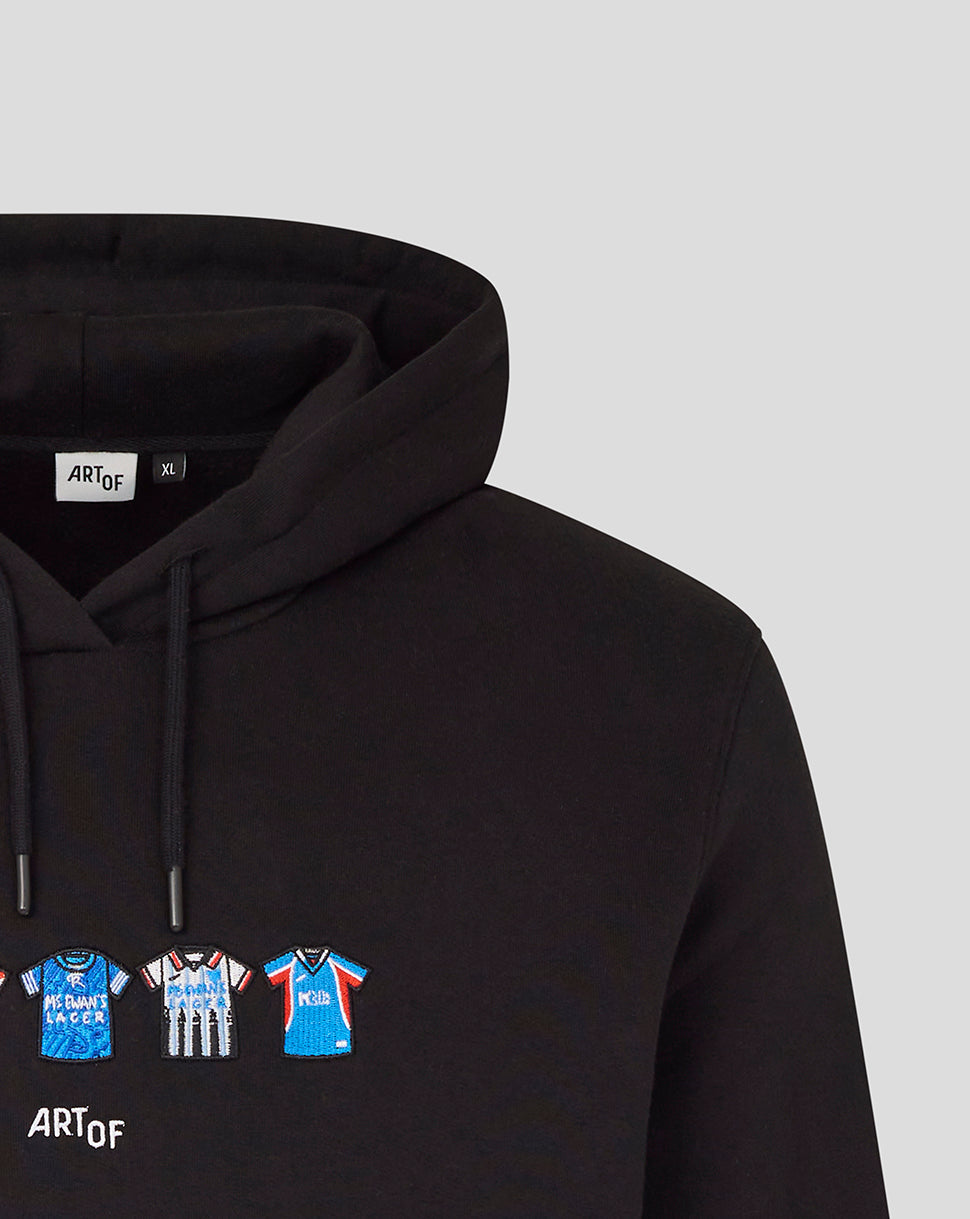 Close up of black hoodie showing the hood and a row of small football jerseys across the chest with the ART OF label at the neckline