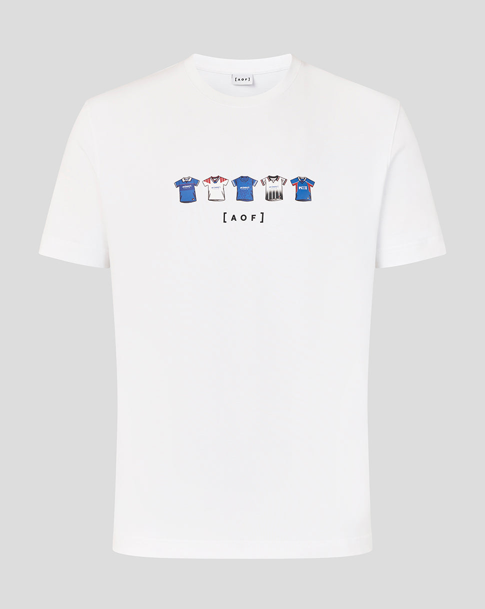 Rangers Art of Football white T shirt with row of small colored jerseys and ARTOF lettering