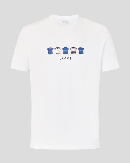 Rangers Art of Football white T shirt with row of small colored jerseys and ARTOF lettering