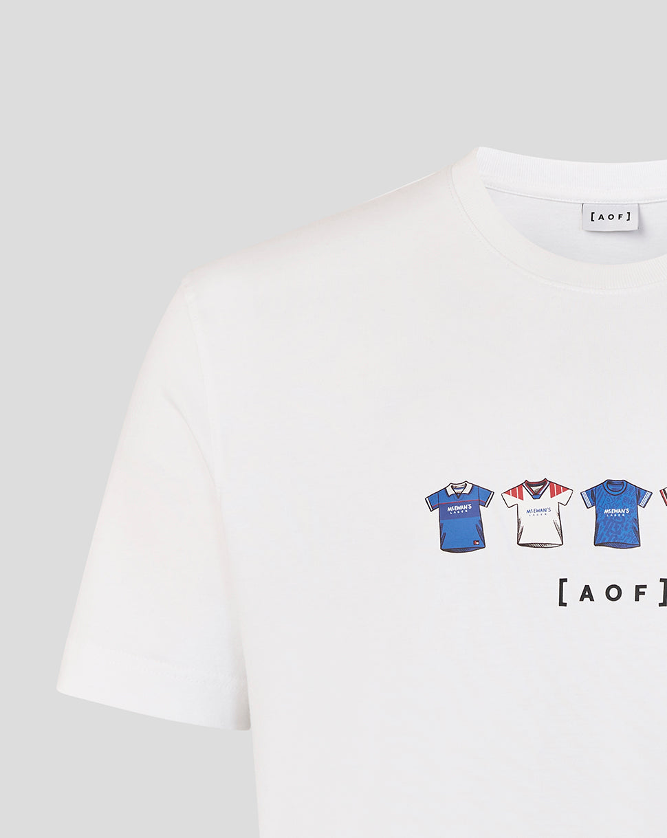 White Rangers Art of Football T shirt close up of chest graphic showing small jersey lineup and ARTOF mark