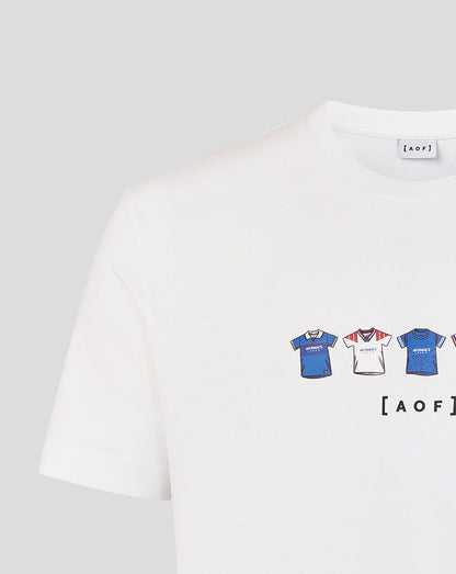 White Rangers Art of Football T shirt close up of chest graphic showing small jersey lineup and ARTOF mark