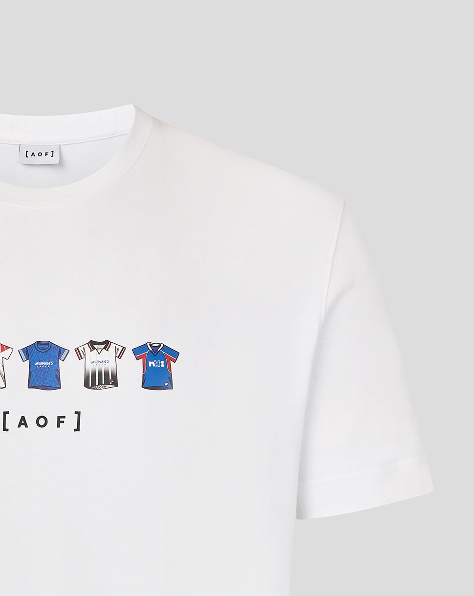 White Rangers Art of Football T shirt with row of tiny colorful football jerseys across the chest
