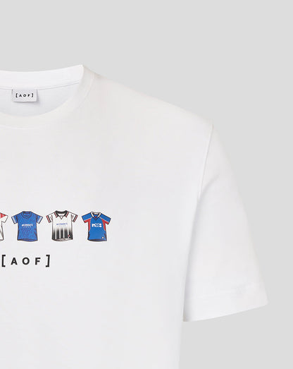 White Rangers Art of Football T shirt with row of tiny colorful football jerseys across the chest