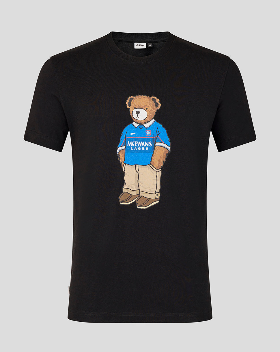 Black Art of Football T-shirt featuring a teddy bear wearing a blue jersey on the front