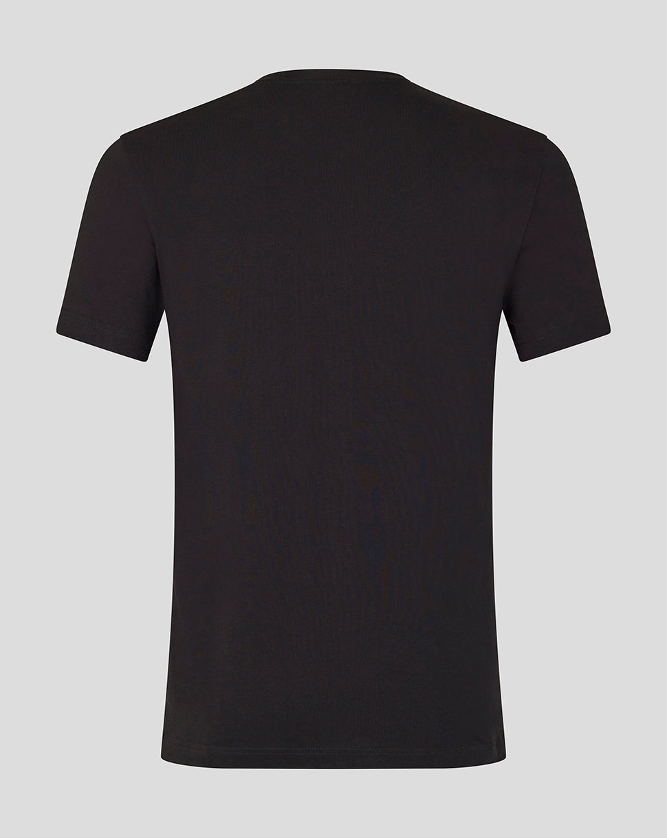 Back view of a black short sleeve T-shirt with no visible design