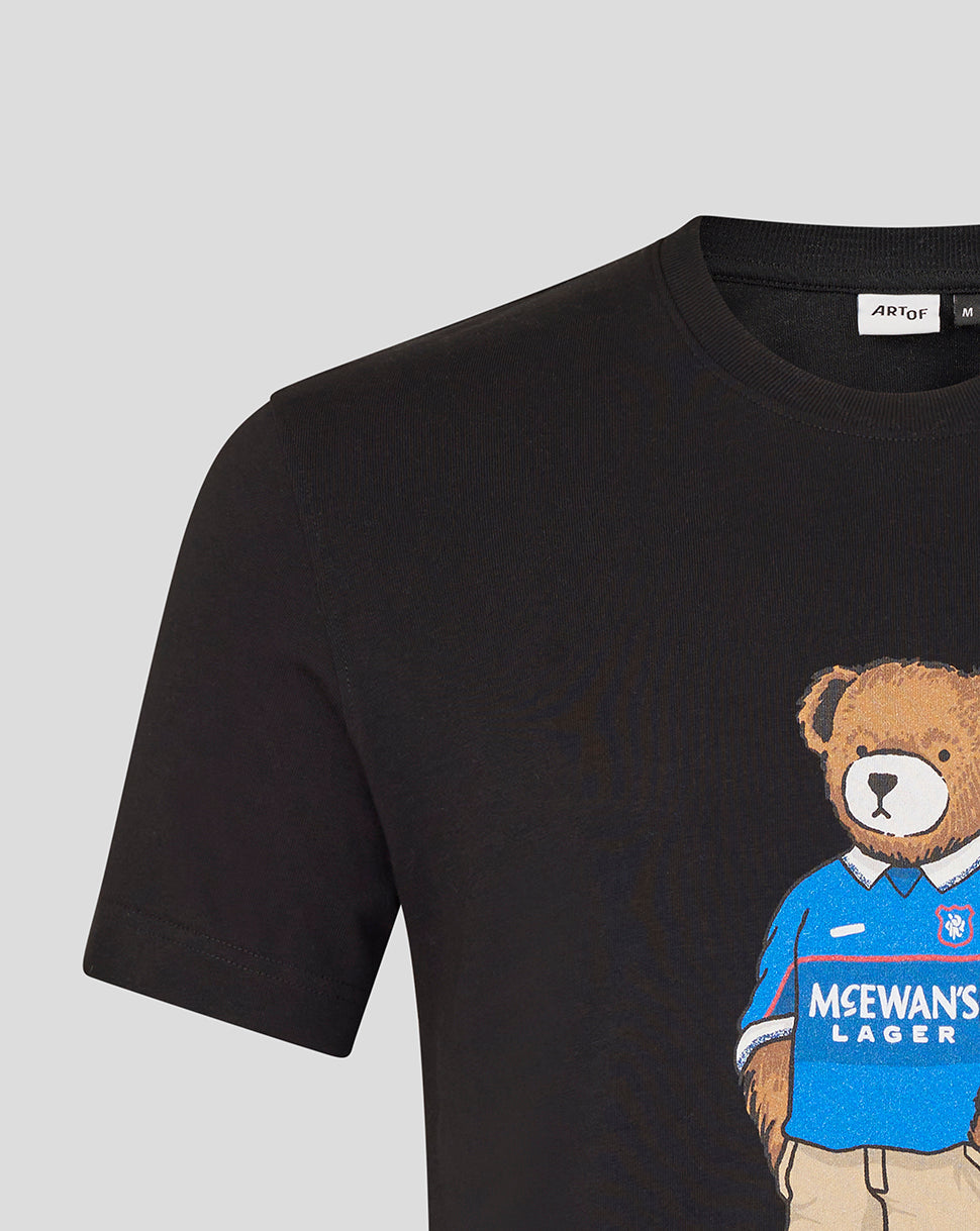 Black Art of Football T shirt featuring a teddy bear in a blue kit on the front