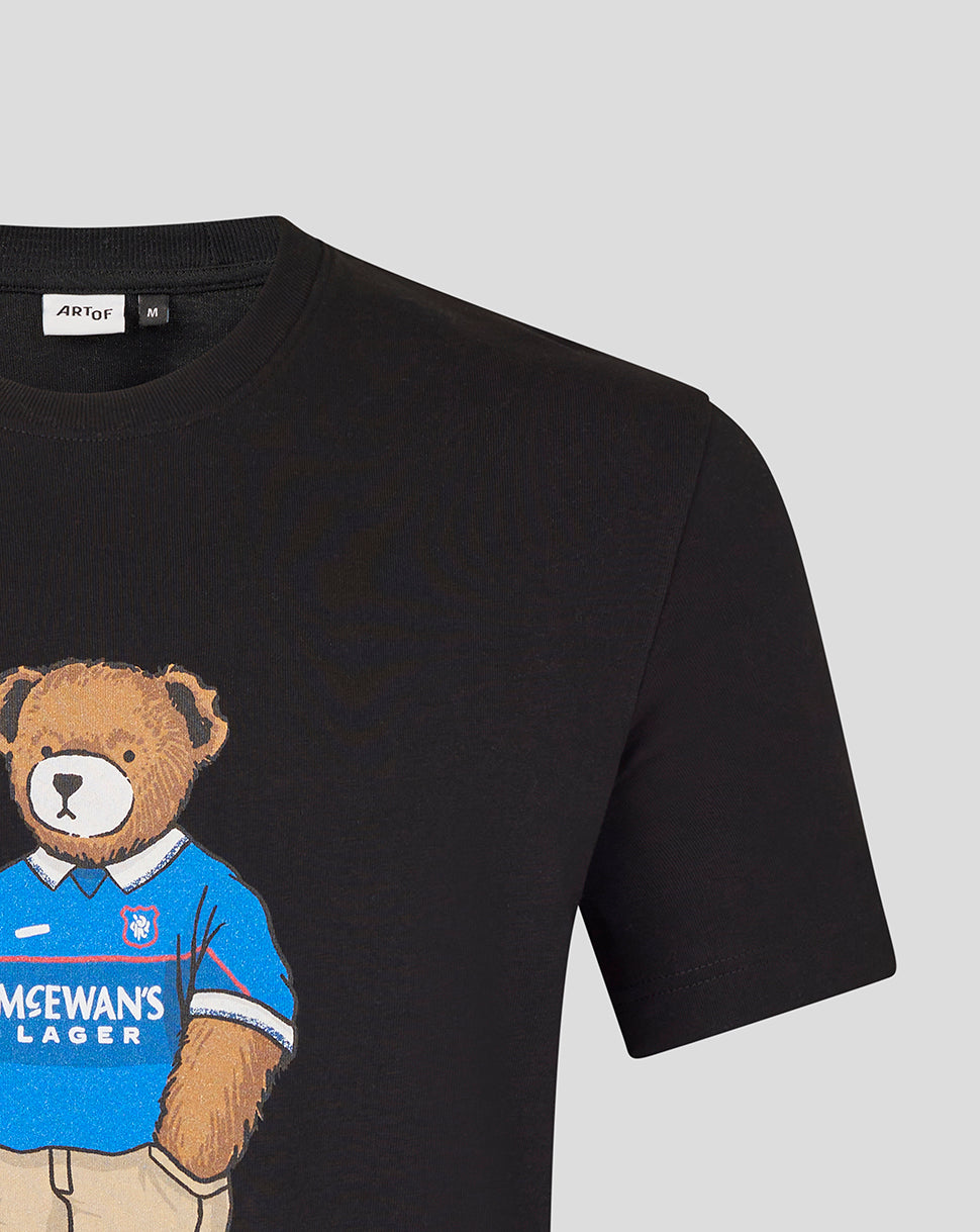 Teddy bear graphic in a blue jersey with McEwan's Lager sponsor on a black T shirt