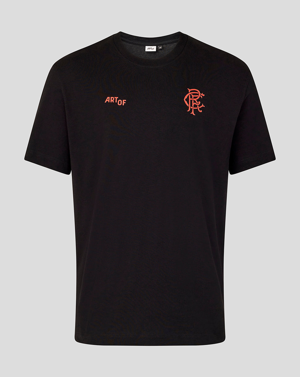 Front view of black Rangers Art of Football T shirt with red ART OF on the left chest and red crest on the right.