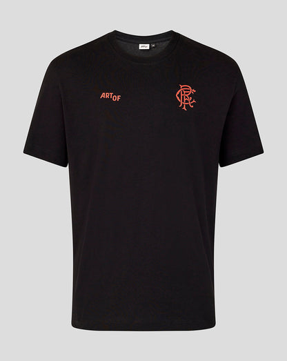 Front view of black Rangers Art of Football T shirt with red ART OF on the left chest and red crest on the right.