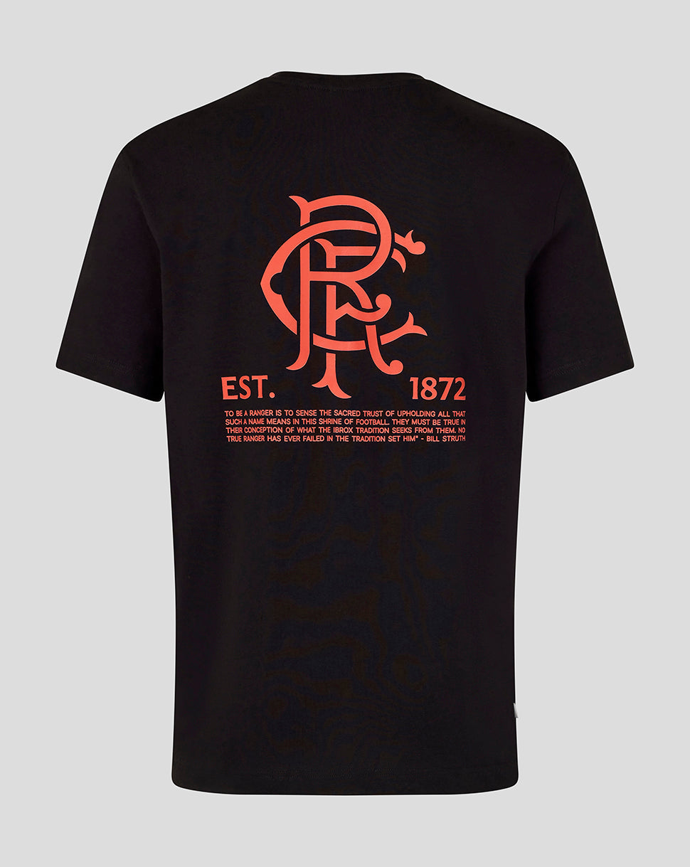Back view of black Rangers Art of Football T shirt with large red crest and EST 1872.