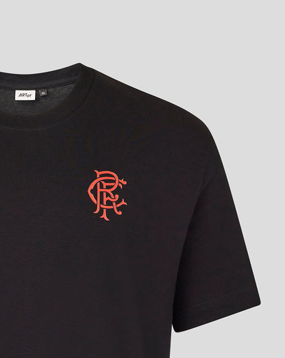 Left chest close up of black T shirt showing red Rangers crest.