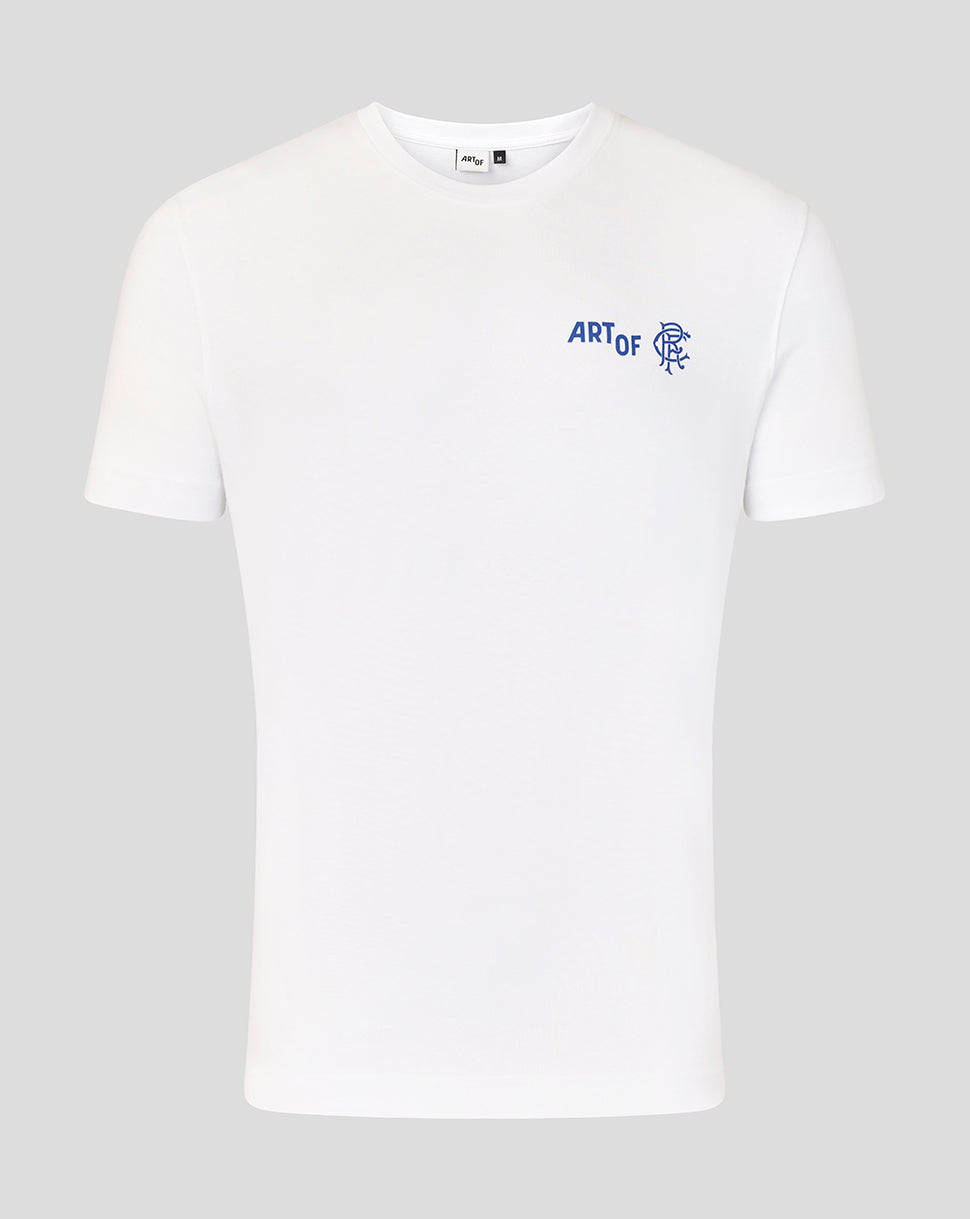 White unisex Art of Football T shirt with small blue Art of logo on the left chest