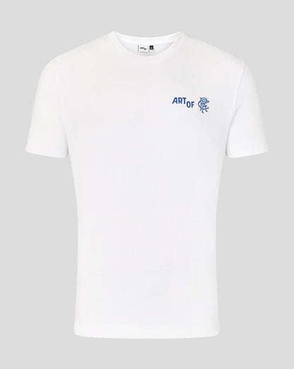 White unisex Art of Football T shirt with small blue Art of logo on the left chest