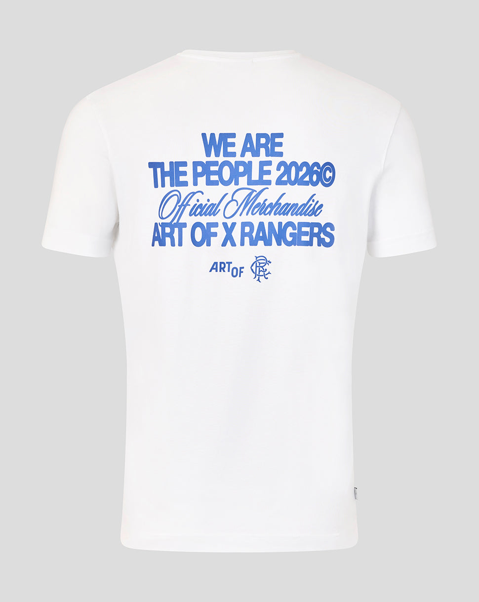 Back view of white T shirt with bold blue WE ARE THE PEOPLE 2026 Official Merchandise ART OF X RANGERS text and logo