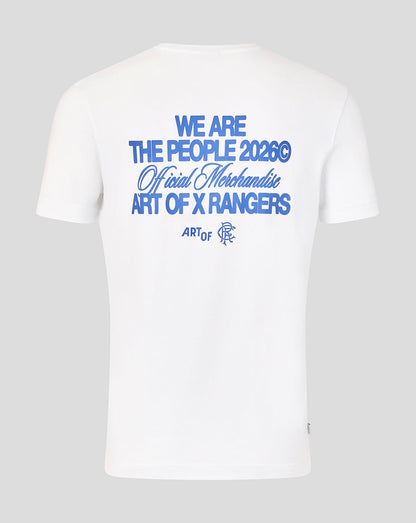 Back view of white T shirt with bold blue WE ARE THE PEOPLE 2026 Official Merchandise ART OF X RANGERS text and logo