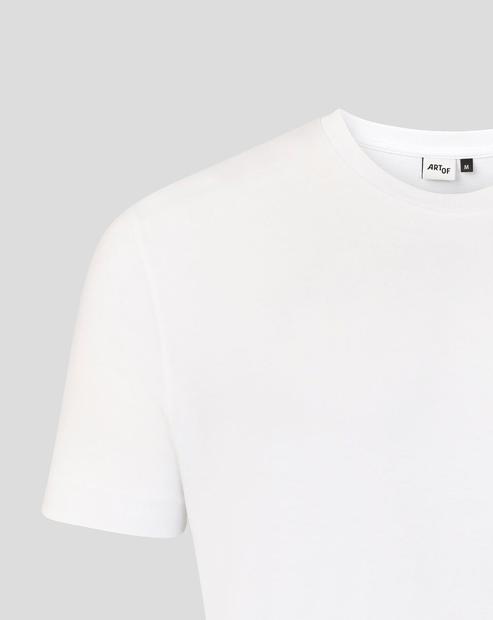 Neckline close up of white Art of Football T shirt showing interior tag
