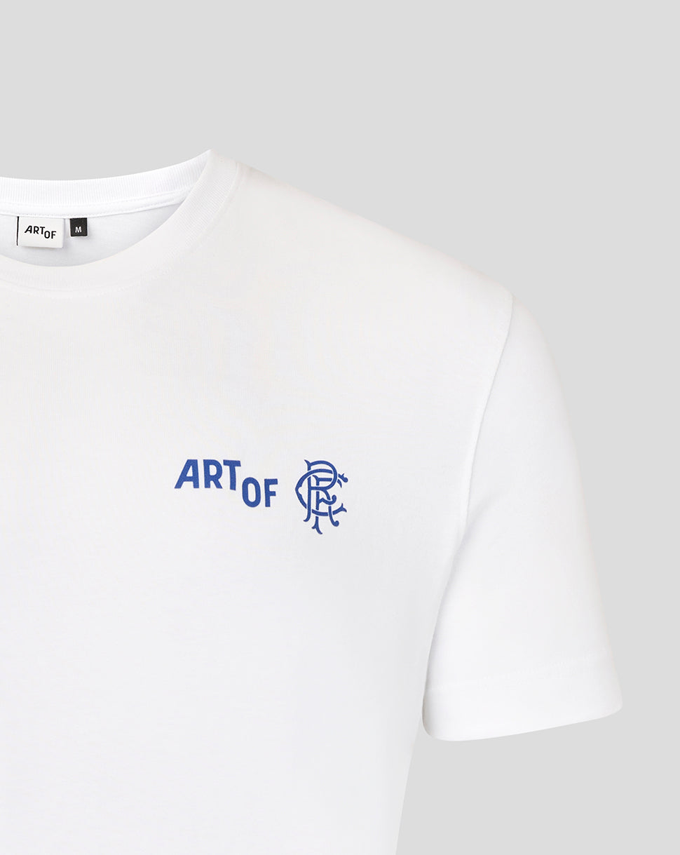 Close up of white T shirt collar showing Art of tag and partial blue Art of logo on the chest area