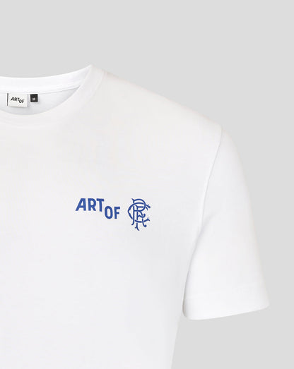 Close up of white T shirt collar showing Art of tag and partial blue Art of logo on the chest area