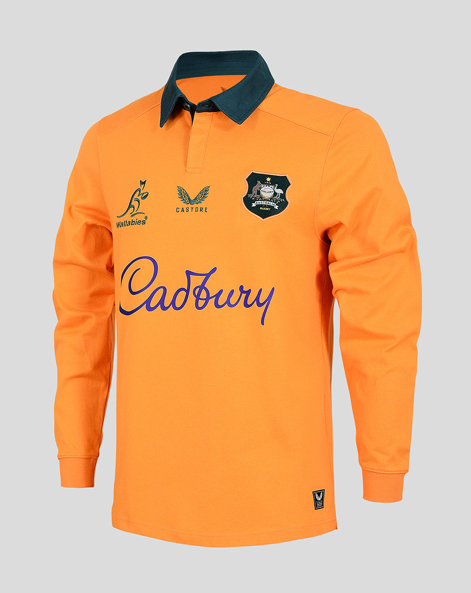 Gold Wallabies long sleeve home shirt with Cadbury sponsor logo and team crests
