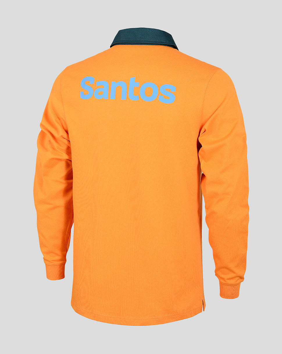 Back view of orange Wallabies classic long sleeve shirt with Santos logo across the upper back