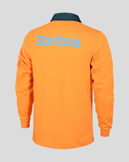Back view of orange Wallabies classic long sleeve shirt with Santos logo across the upper back