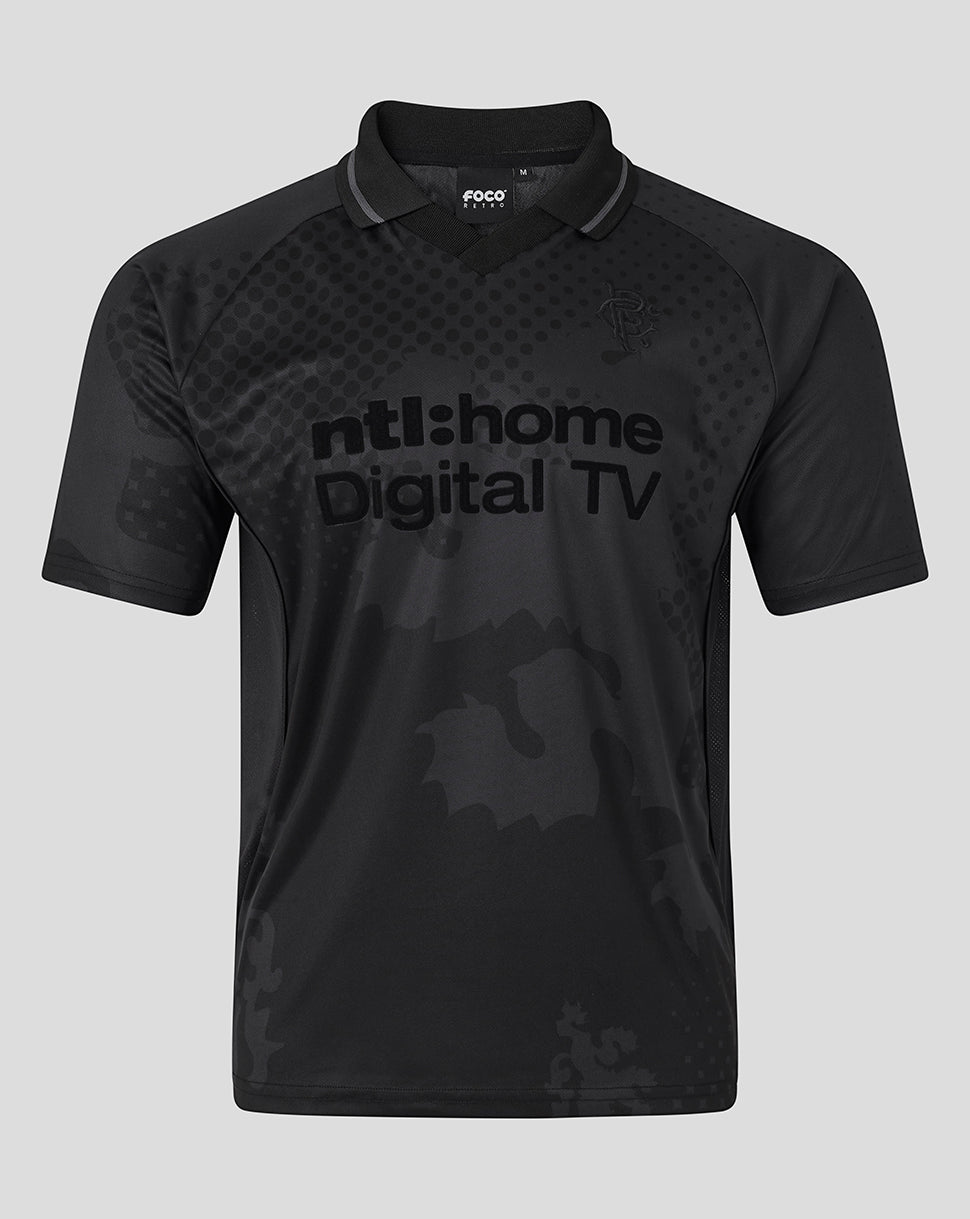 Front view of black Rangers Retro 2002-03 Home Blackout shirt with dotted pattern and sponsor text across the chest