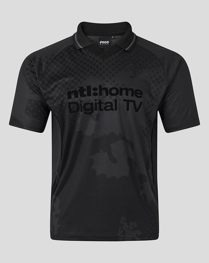 Front view of black Rangers Retro 2002-03 Home Blackout shirt with dotted pattern and sponsor text across the chest