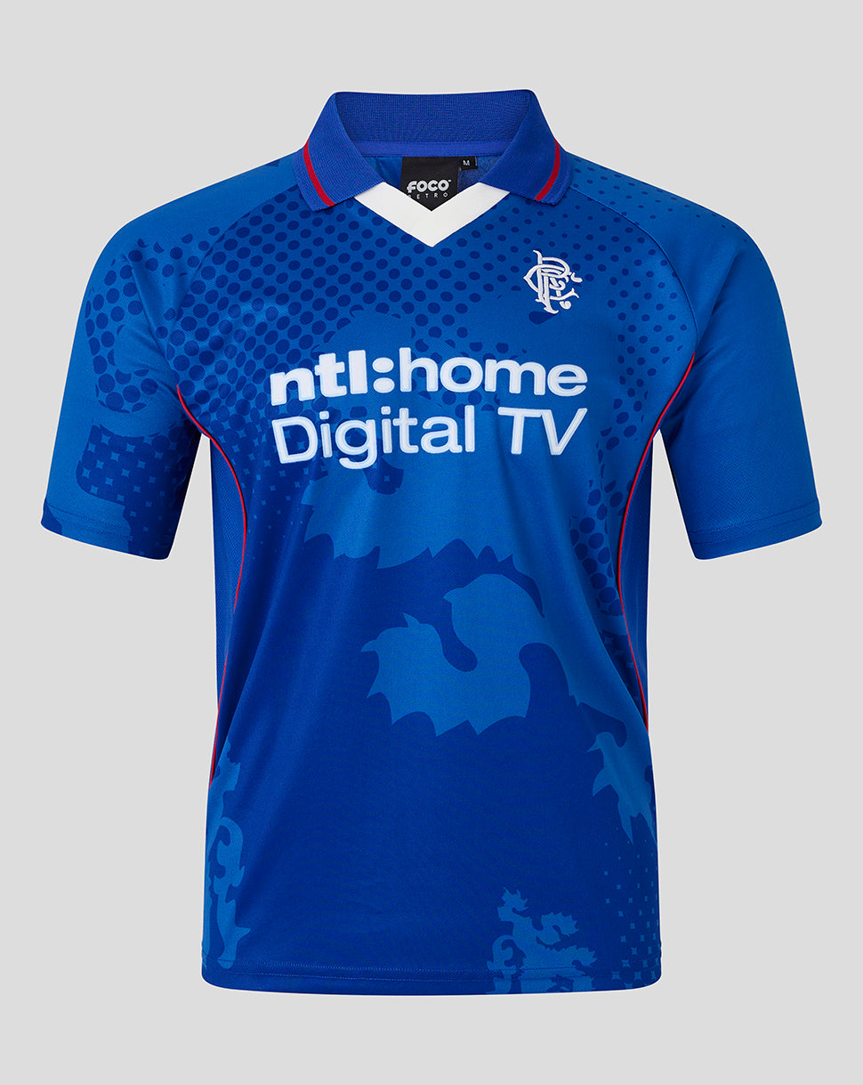 Rangers unisex retro 2002-03 home shirt blue with ntl home Digital TV sponsor and white V-neck collar