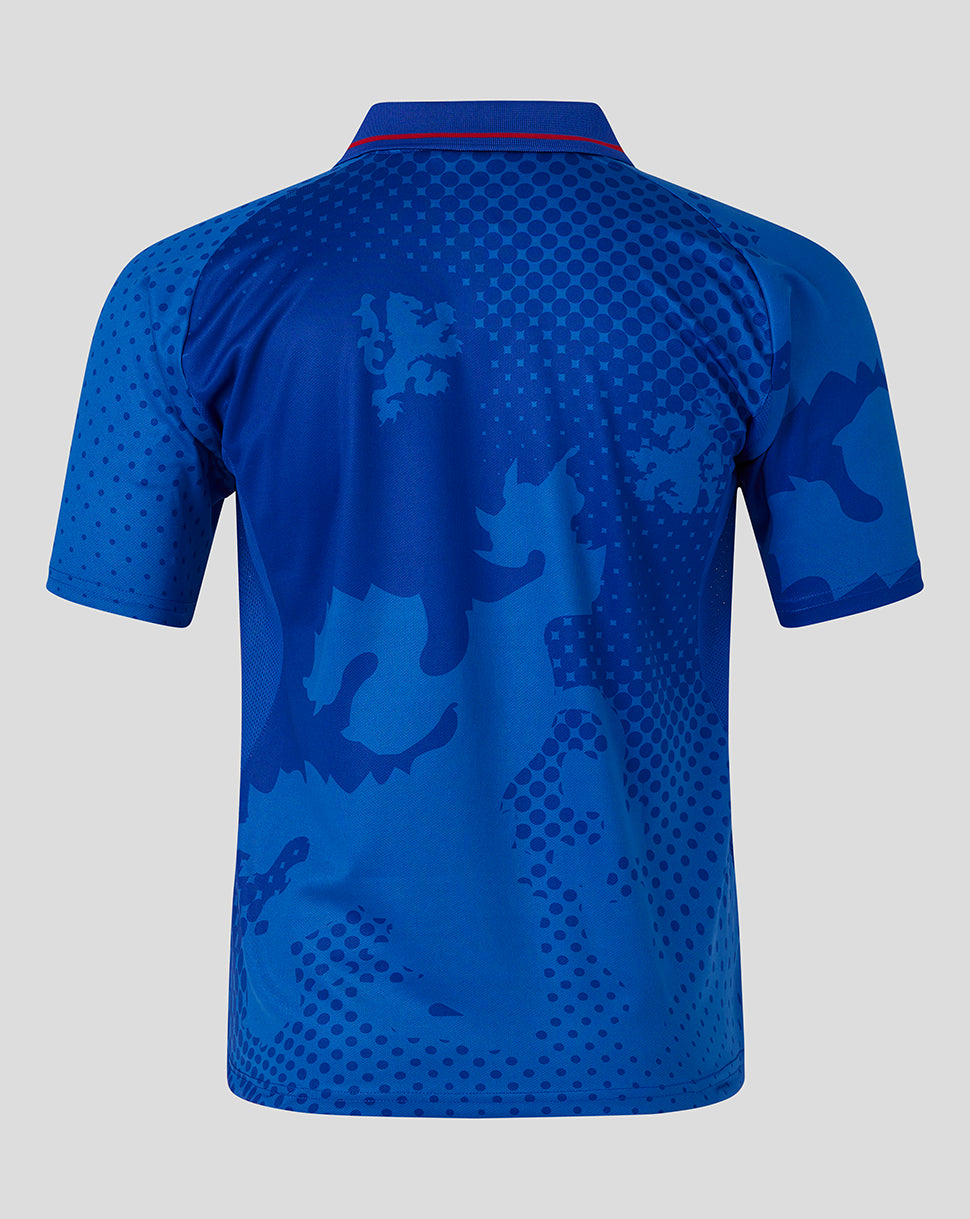Back view of blue Rangers retro 2002-03 home shirt with bold abstract pattern