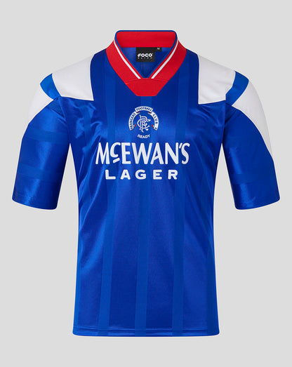 Front view of Rangers retro 1992-94 home shirt in blue with white shoulder panels and red collar.