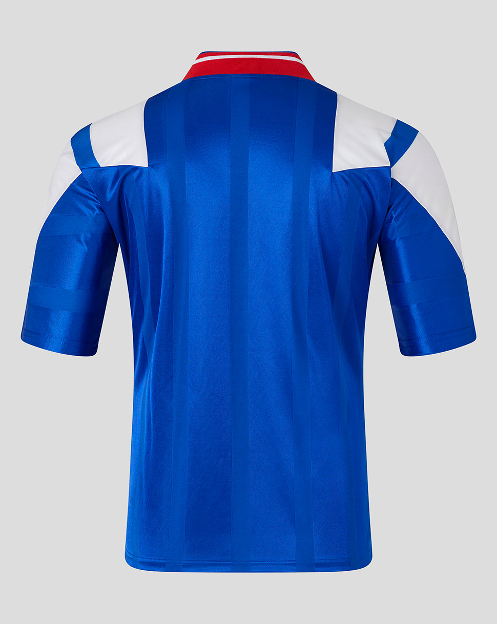 Back view of Rangers retro 1992-94 home shirt in royal blue with white shoulder panels.