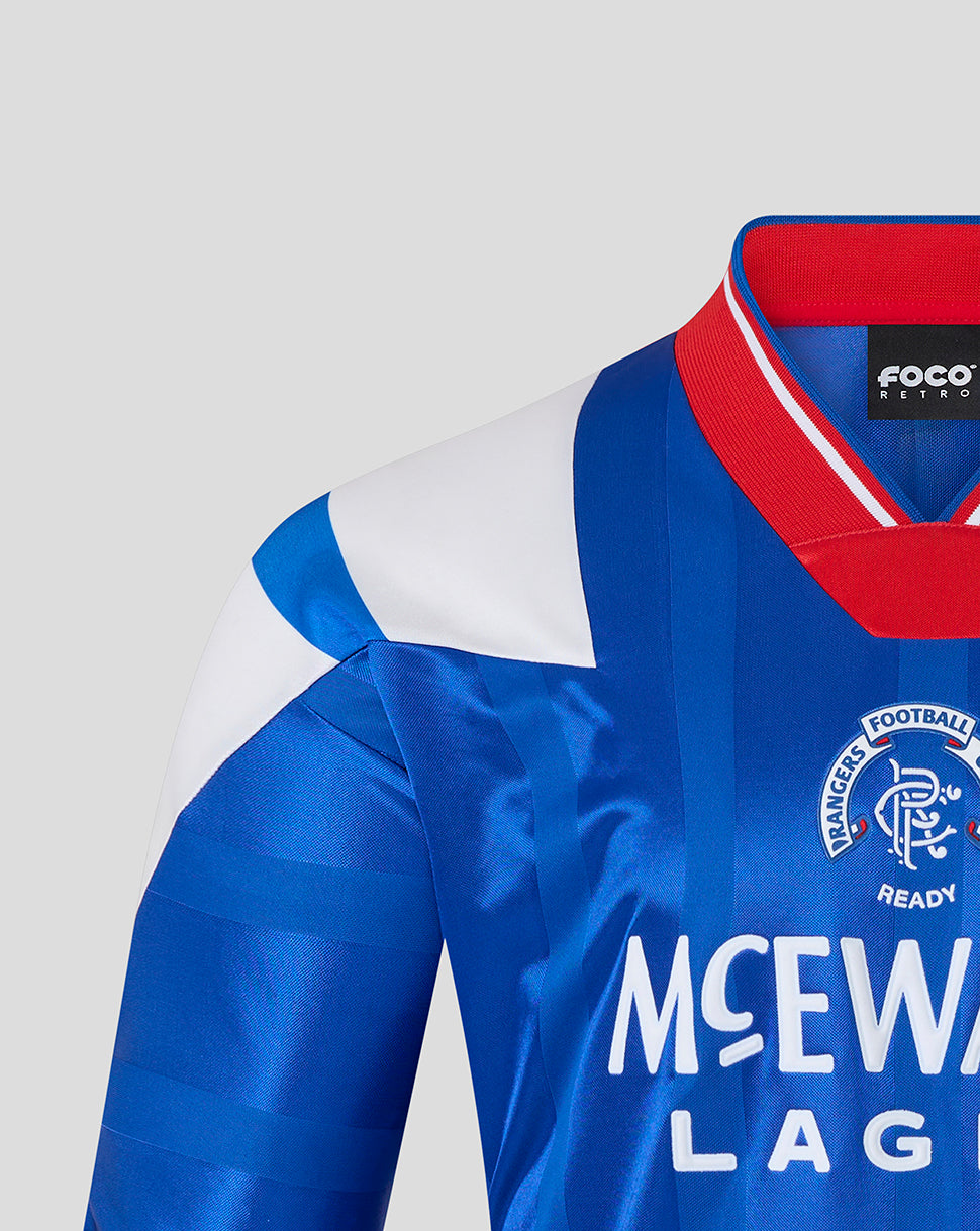 Rangers unisex retro 1992-94 home shirt blue with red collar trim and club crest on chest