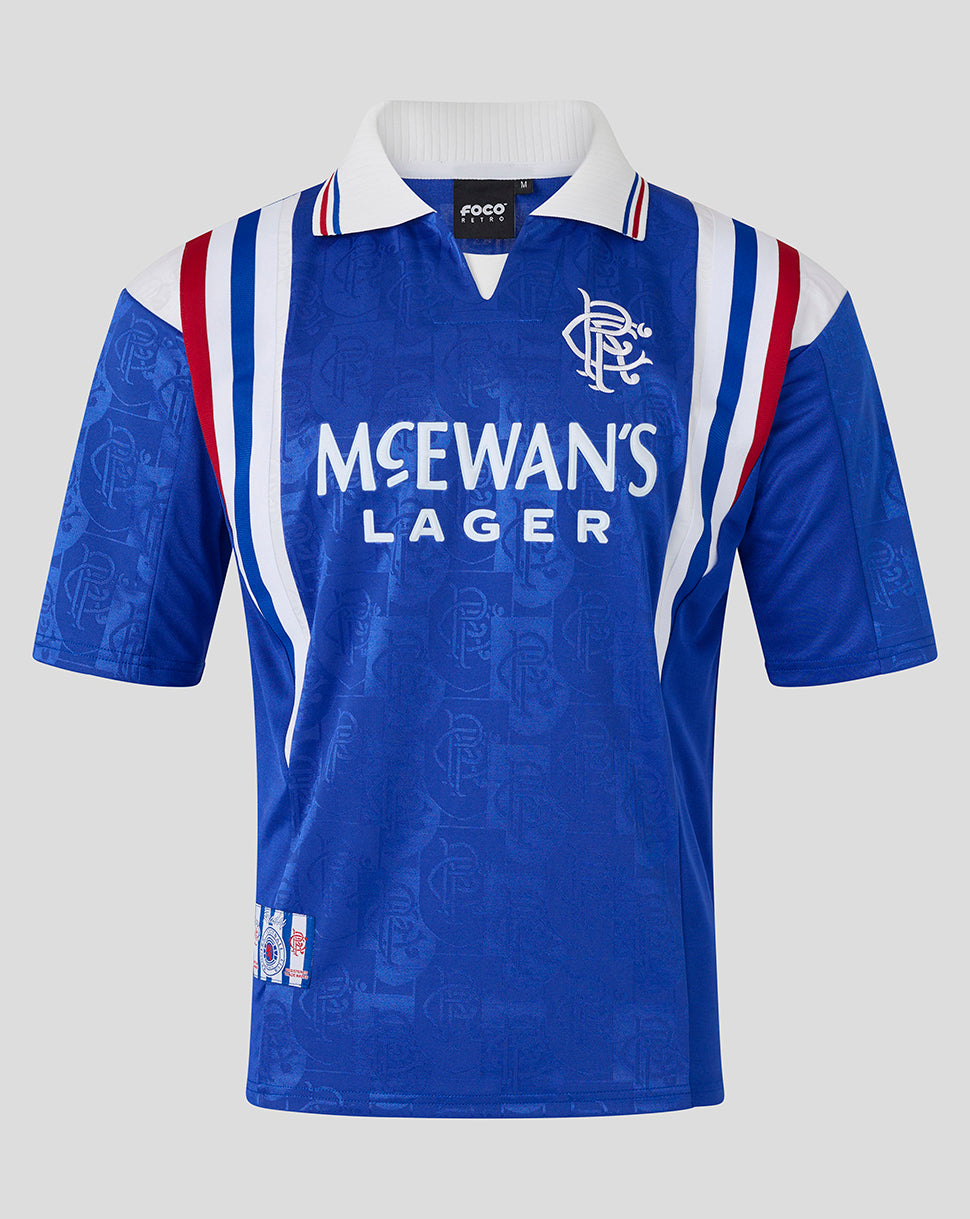 Rangers retro 1996-97 home shirt front view in blue with white collar and McEwan's Lager across chest
