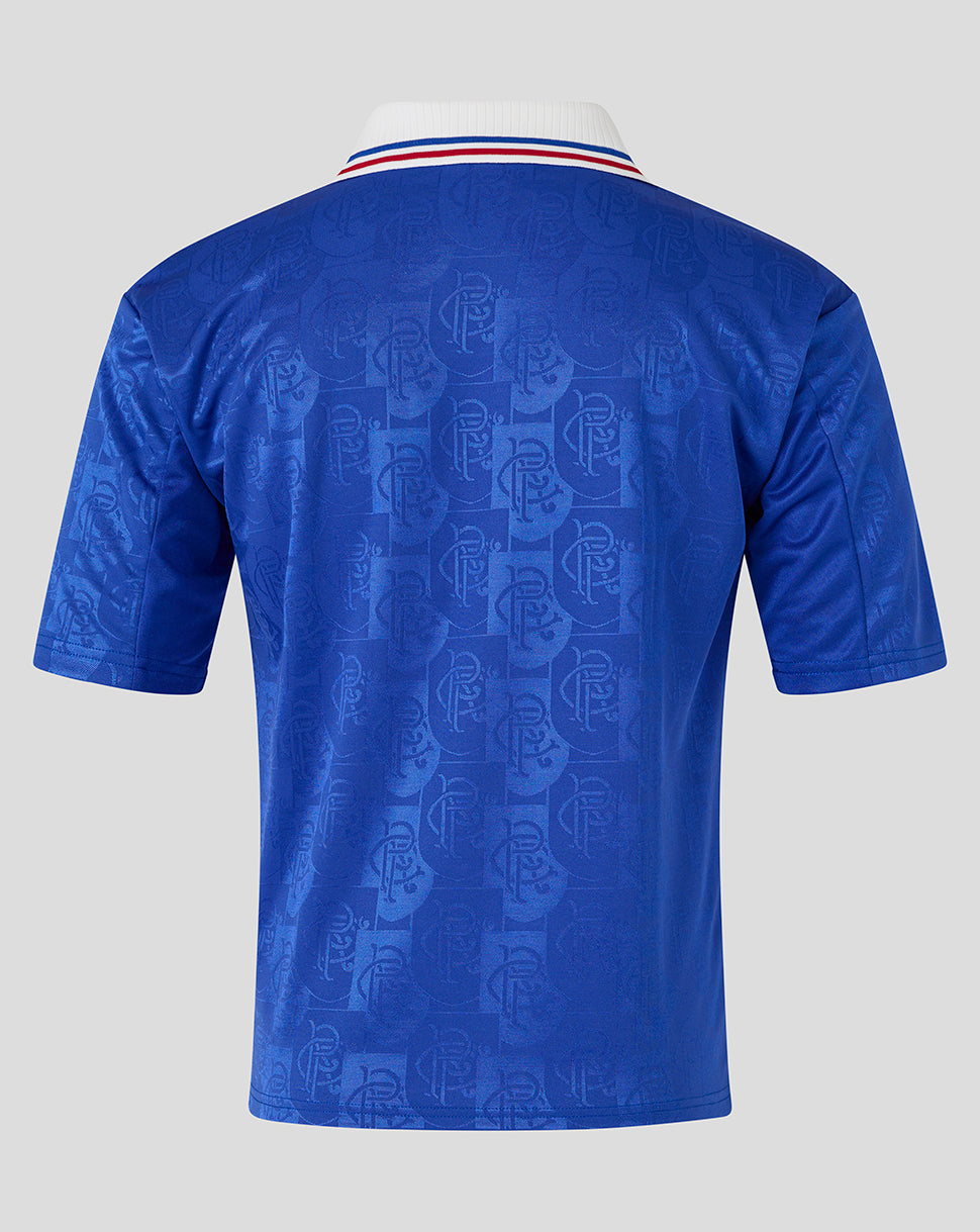 Rangers retro 1996-97 home shirt back view in blue with white collar and subtle crest pattern