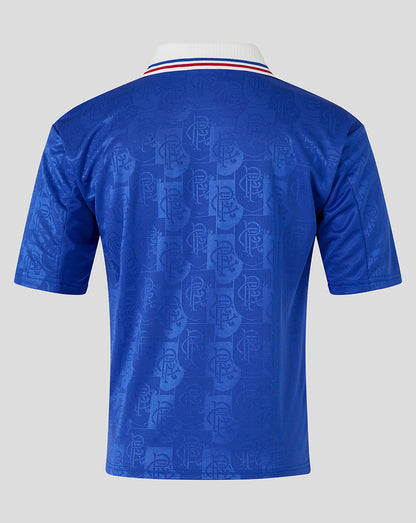 Rangers retro 1996-97 home shirt back view in blue with white collar and subtle crest pattern