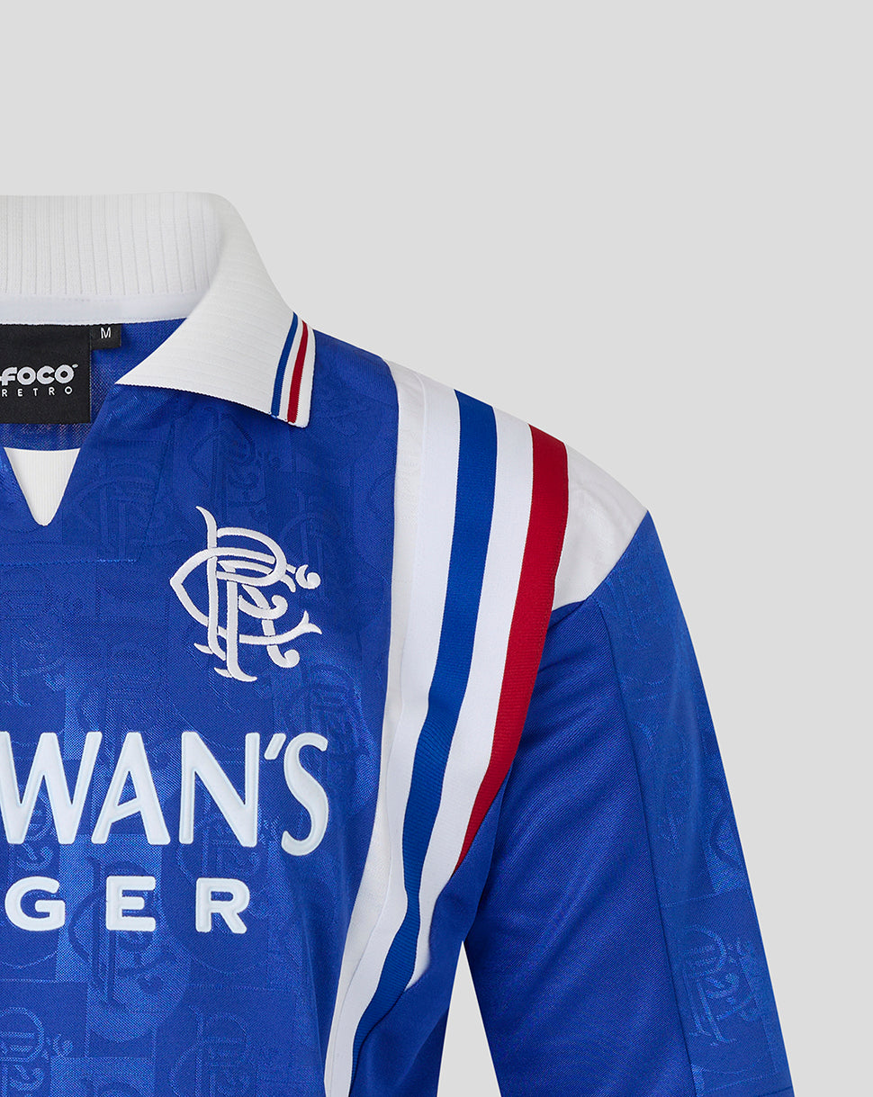 Rangers retro 1996-97 home shirt showing crest on chest and FOCO Retro label at the collar.