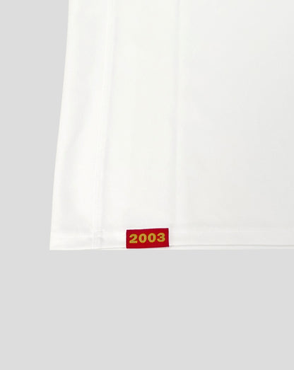 White jersey close up showing a gold emblem and CHAMPIONS lettering