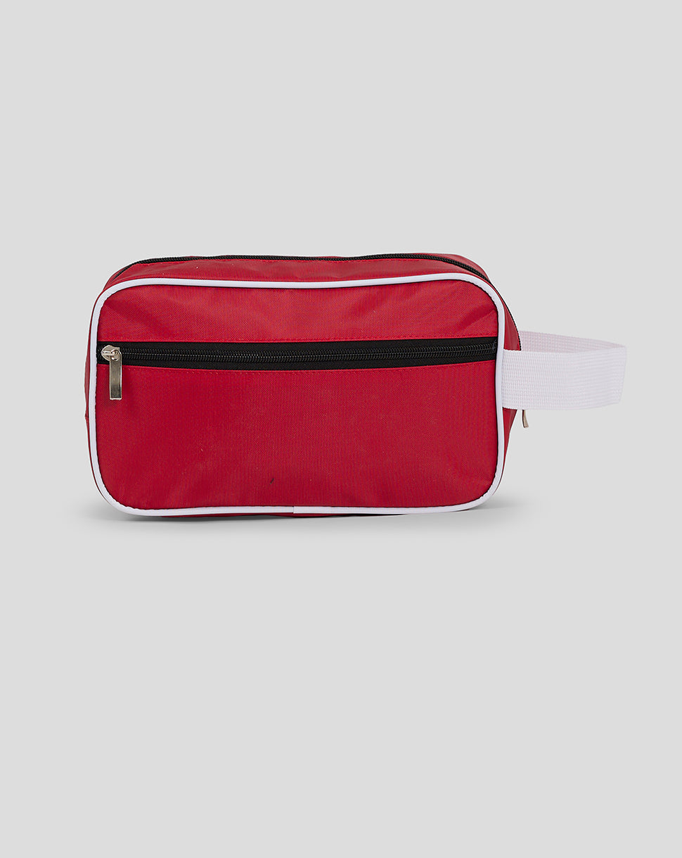 Red Saracens washbag with white piping and a white side strap