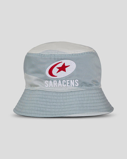Light gray Saracens reversible bucket hat with white logo on the front.