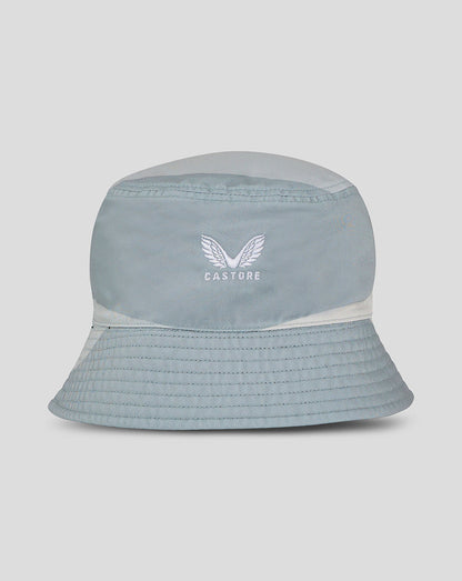 Light blue reversible bucket hat with white Castore wings logo.