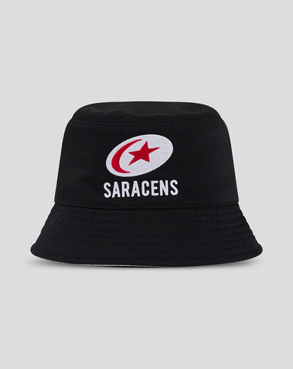 Black Saracens reversible bucket hat with white embroidered logo on the front.