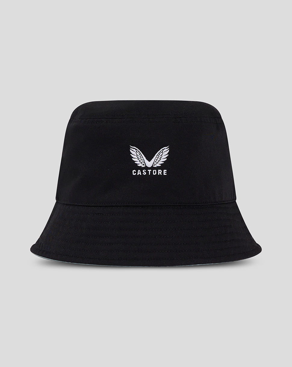 Black reversible bucket hat with white embroidered Castore wings logo.