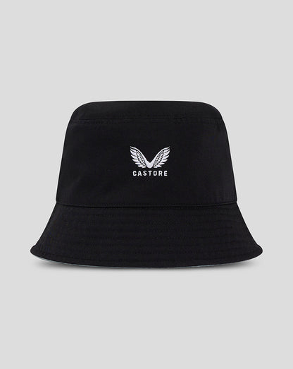 Black reversible bucket hat with white embroidered Castore wings logo.